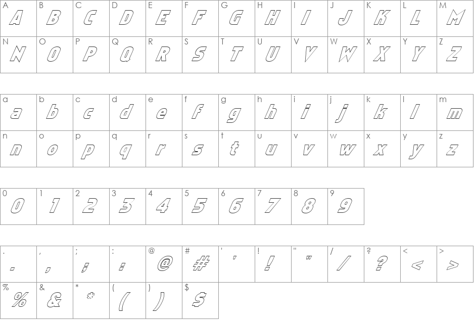 FZ BASIC 5 HOLLOW ITALIC font character map preview