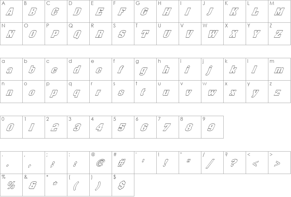 FZ BASIC 52 HOLLOW ITALIC font character map preview