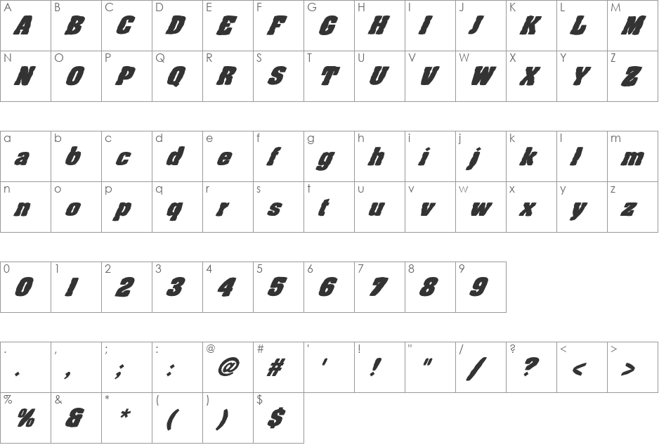 FZ BASIC 52 MANGLED ITALIC font character map preview