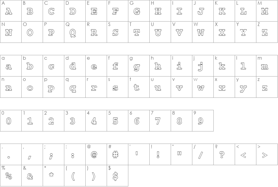 FZ BASIC 54 HOLLOW font character map preview