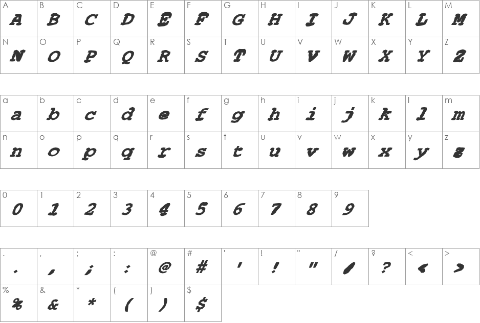 FZ BASIC 54 MANGLED ITALIC font character map preview