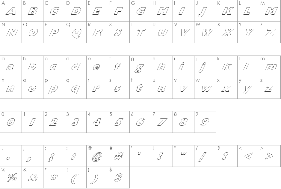 FZ BASIC 57 HOLLOW ITALIC font character map preview