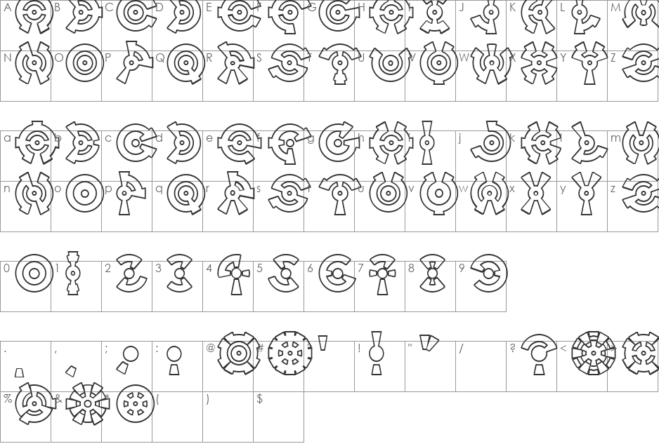 Anillo Outline font character map preview