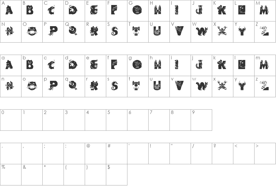 Animal Alphabet font character map preview
