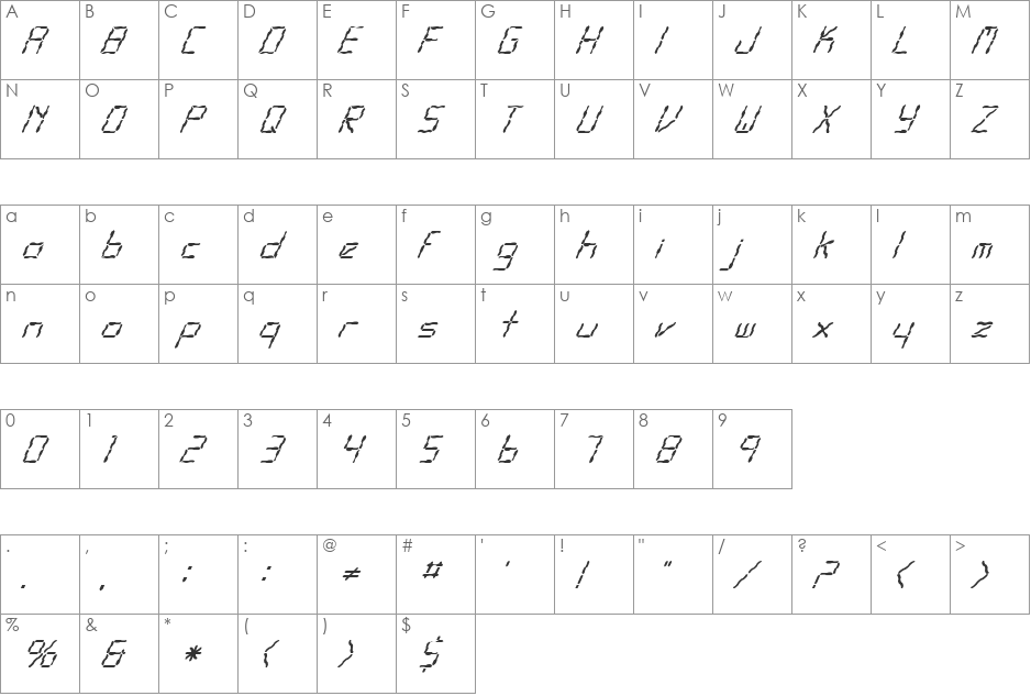 FZ DIGITAL 10 WAVEY ITALIC font character map preview