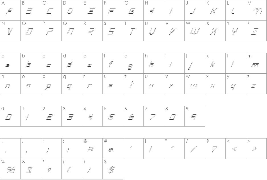 FZ DIGITAL 7 HOLLOW ITALIC font character map preview