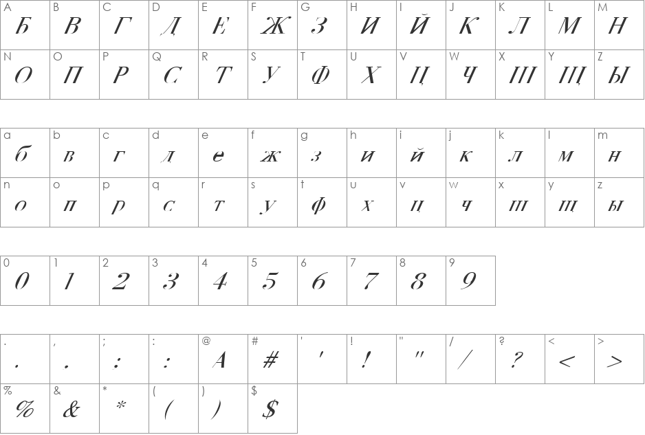 FZ FOREIGN 1 ITALIC font character map preview