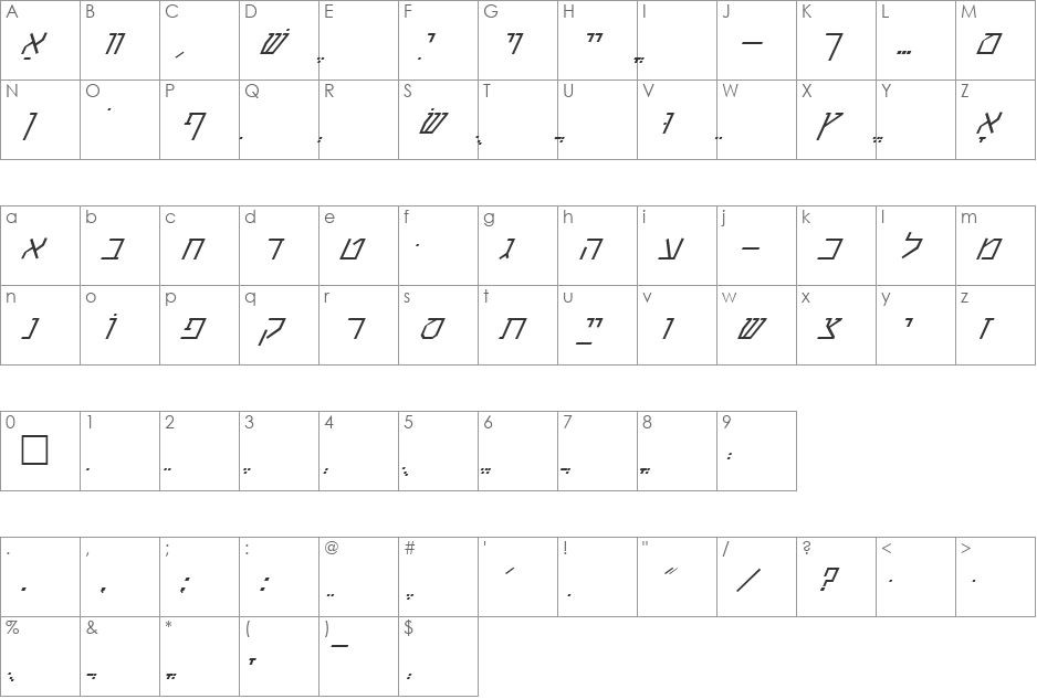 FZ FOREIGN 11 SHALOMSTICK ITAL font character map preview