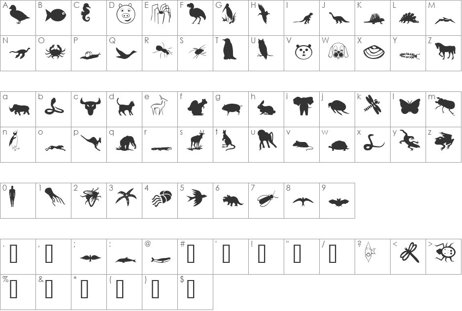 Animals 2 font character map preview