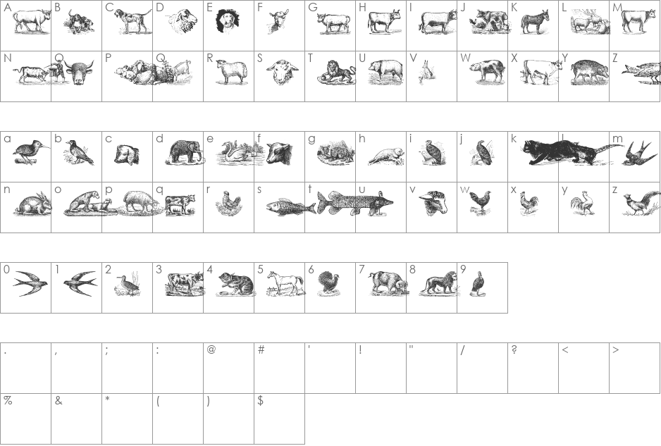 Animals Old Cuts font character map preview