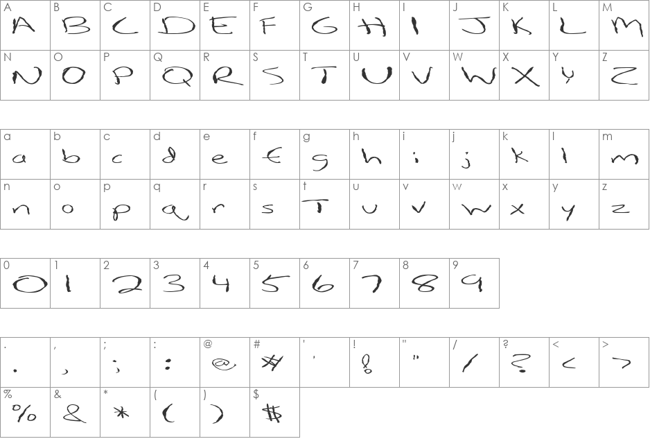 FZ HAND 12 MANGLED EX font character map preview