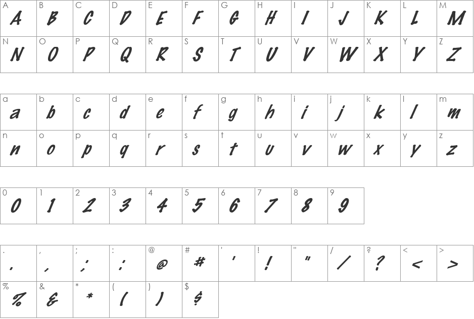 FZ HAND 14 ITALIC font character map preview