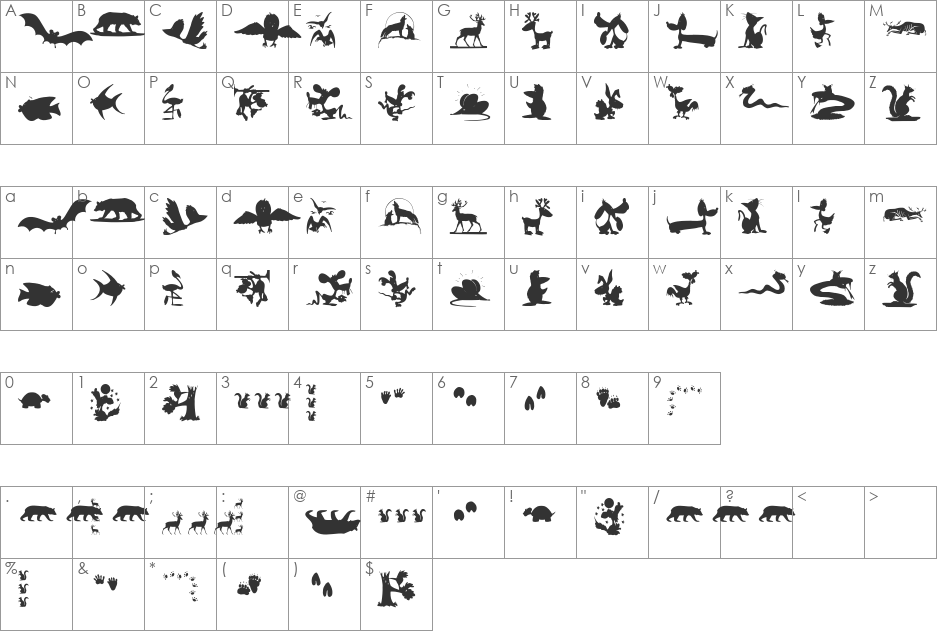AnimalShadowsDrei font character map preview