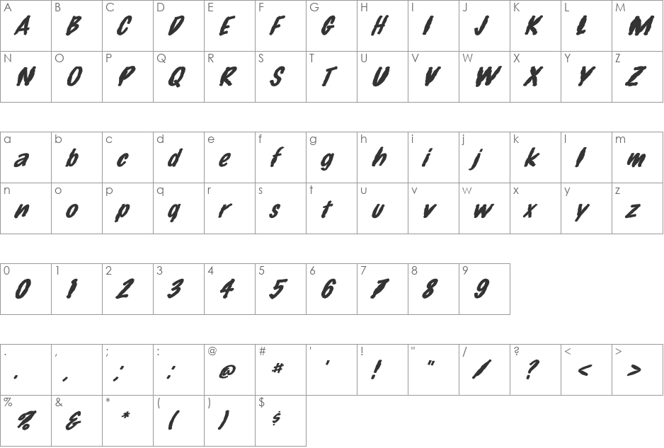 FZ HAND 14 MANGLED ITALIC font character map preview