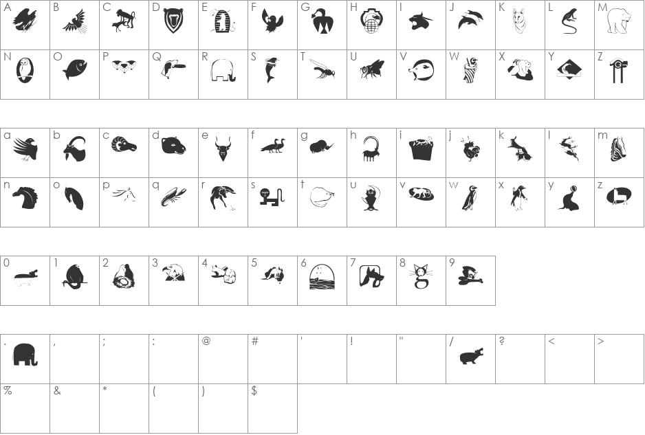 AnimalShadowsTwo font character map preview