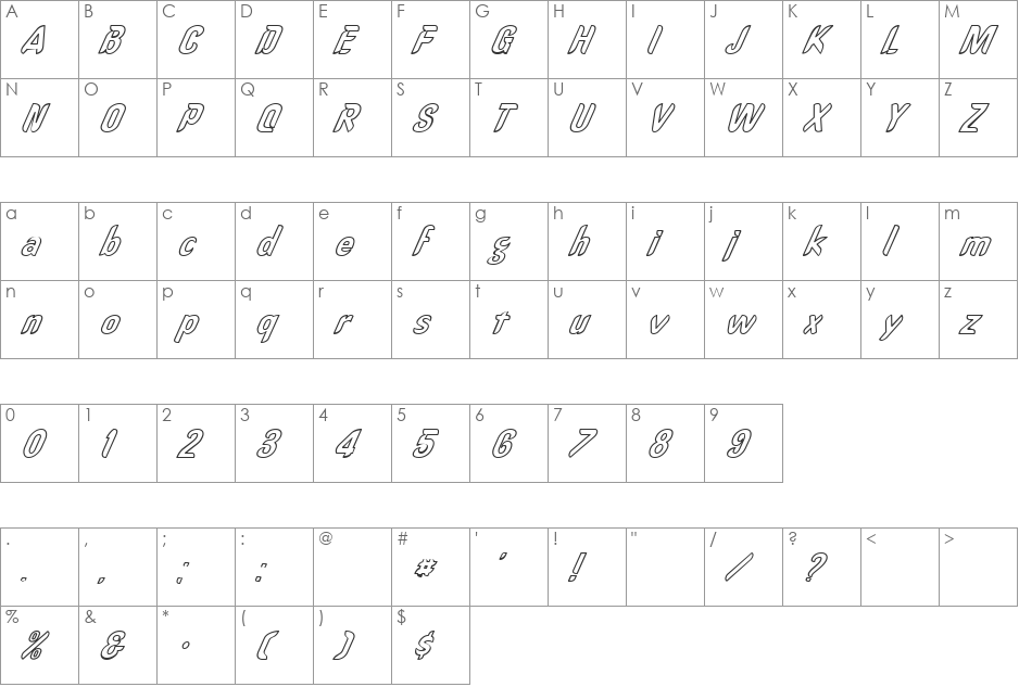 FZ HAND 15 HOLLOW ITALIC font character map preview