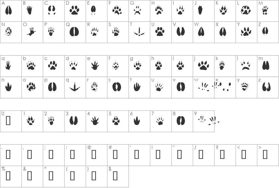 AnimalTracks font character map preview