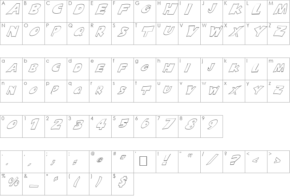 FZ JAZZY 10 HOLLOW ITALIC font character map preview