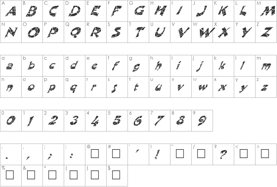 FZ JAZZY 11 CRACKED ITALIC font character map preview