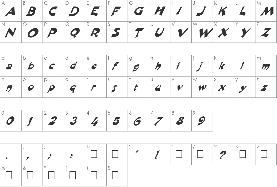 FZ JAZZY 11 ITALIC font character map preview
