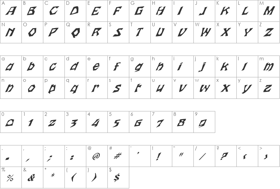 FZ JAZZY 12 ITALIC font character map preview