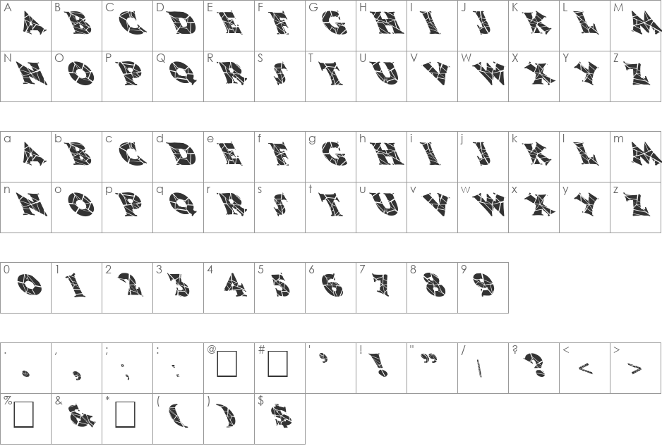 FZ JAZZY 13 CRACKED LEFTY font character map preview