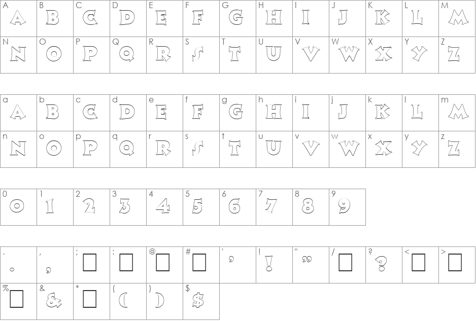 FZ JAZZY 13 HOLLOW font character map preview