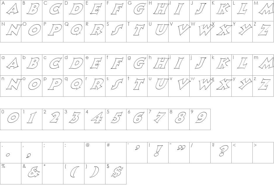 FZ JAZZY 13 HOLLOW ITALIC font character map preview