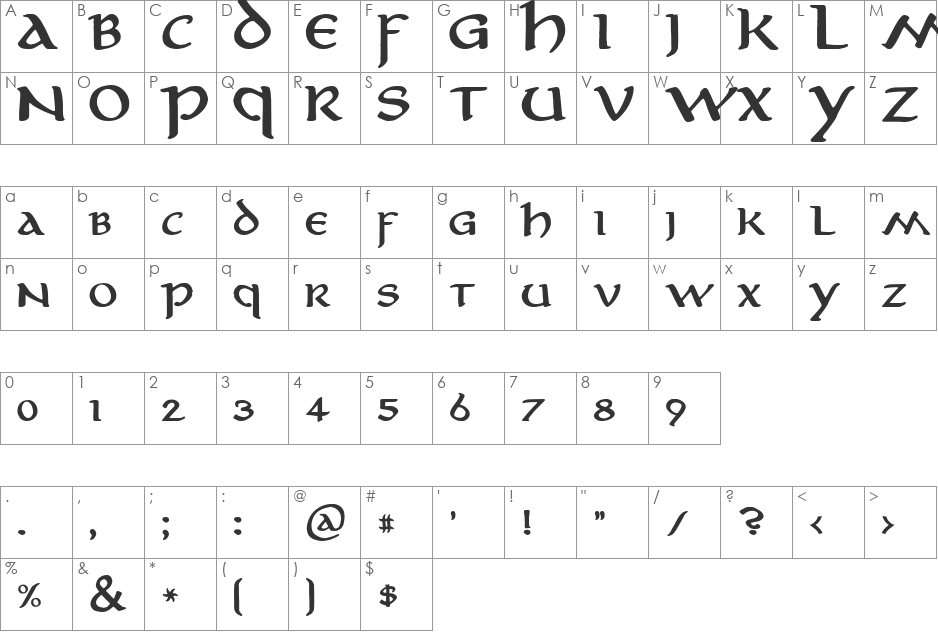 Aniron font character map preview