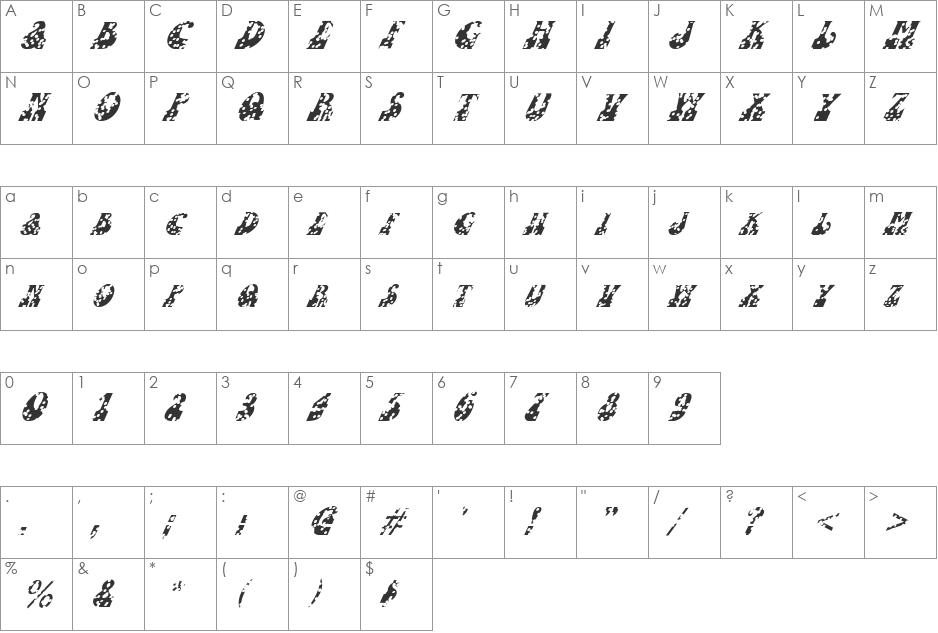 FZ JAZZY 16 HOLEY ITALIC font character map preview