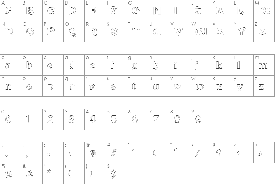 FZ JAZZY 19 HOLLOW font character map preview