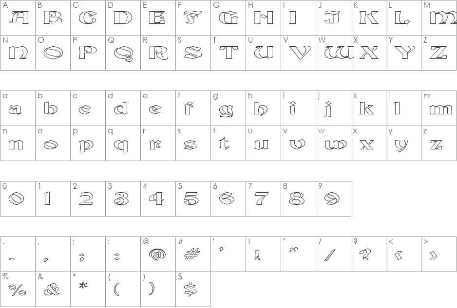 FZ JAZZY 19 HOLLOW EX font character map preview