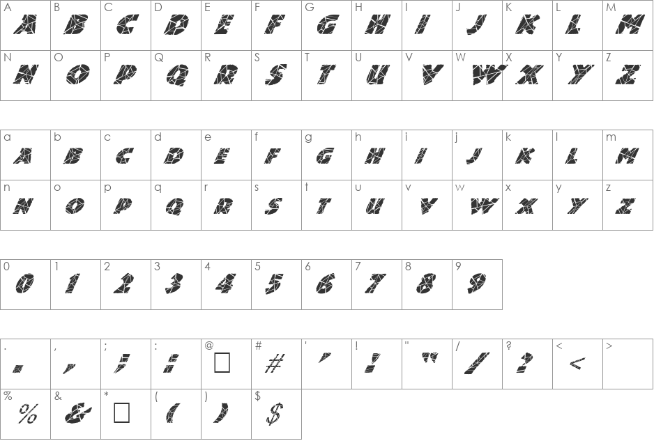 FZ JAZZY 24 CRACKED ITALIC font character map preview