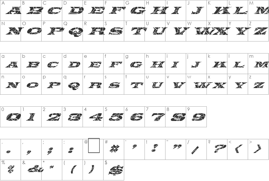 FZ JAZZY 26 CRACKED ITALIC font character map preview
