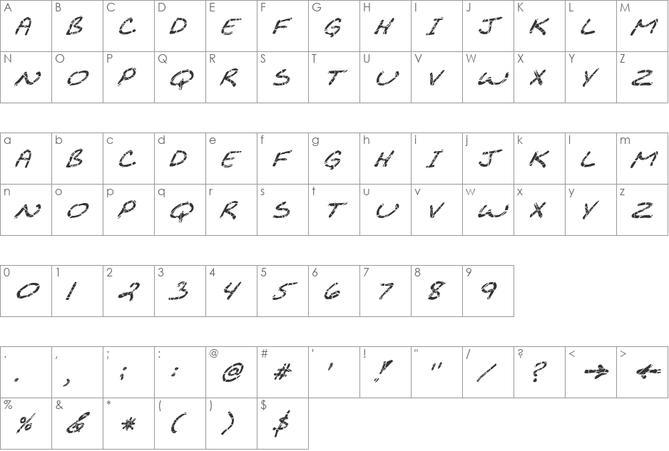FZ JAZZY 29 CRACKED ITALIC font character map preview