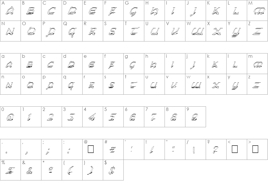 FZ JAZZY 31 SHADOW ITALIC font character map preview