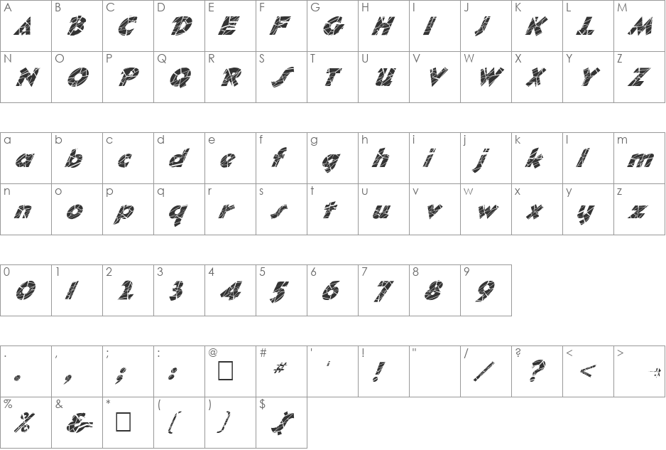 FZ JAZZY 32 CRACKED ITALIC font character map preview