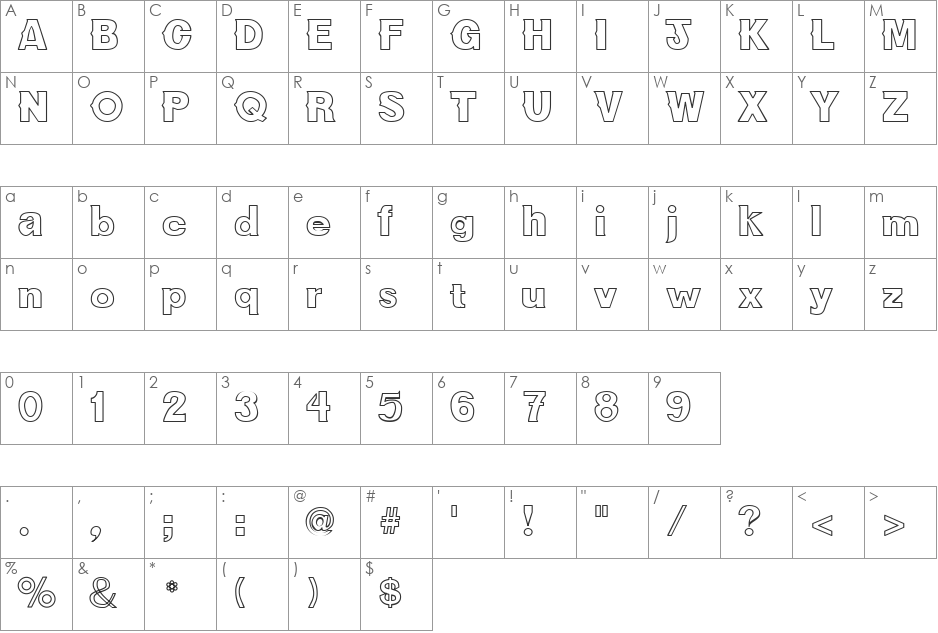 FZ JAZZY 36 HOLLOW font character map preview