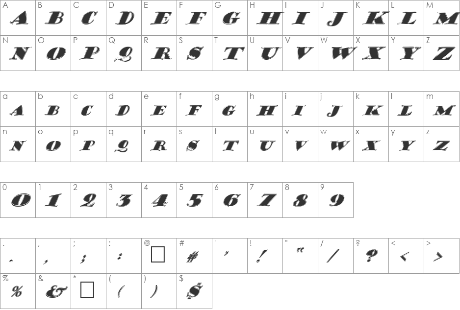 FZ JAZZY 38 CONTOUR ITALIC font character map preview