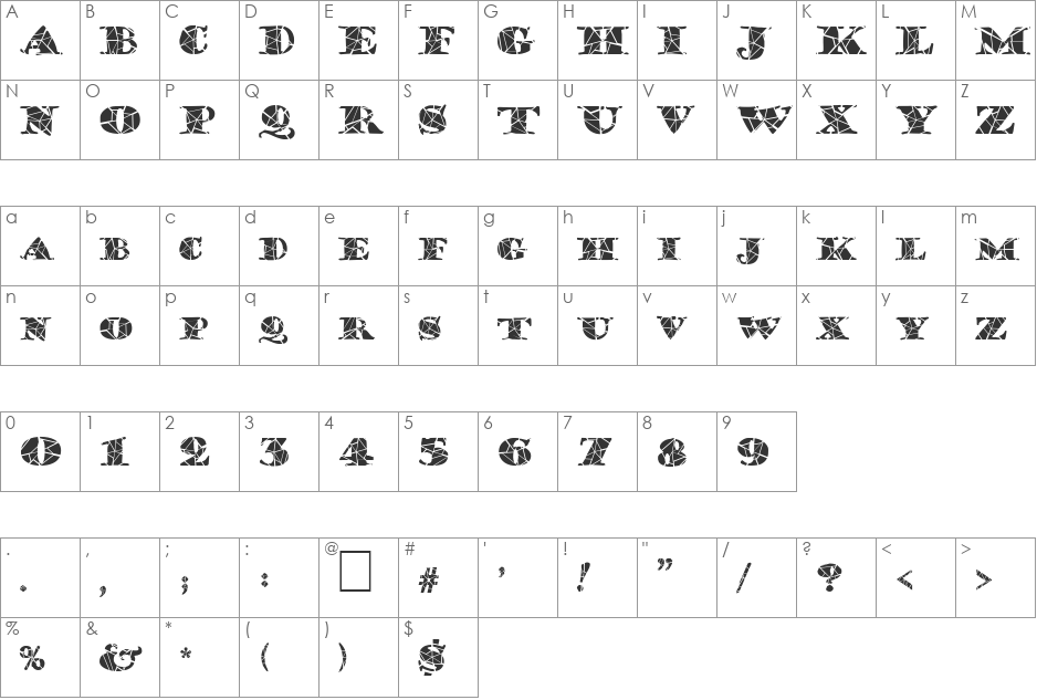 FZ JAZZY 38 CRACKED font character map preview