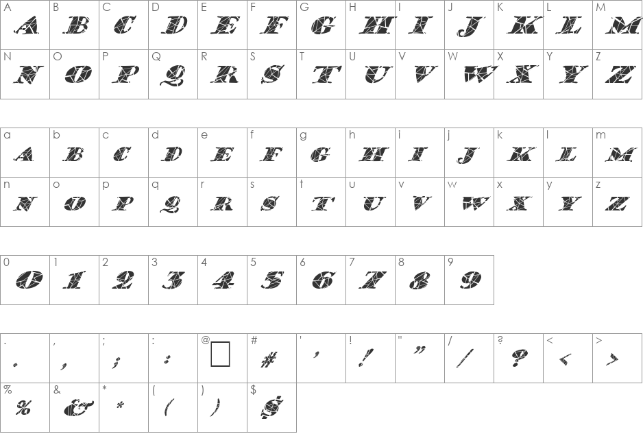 FZ JAZZY 38 CRACKED ITALIC font character map preview