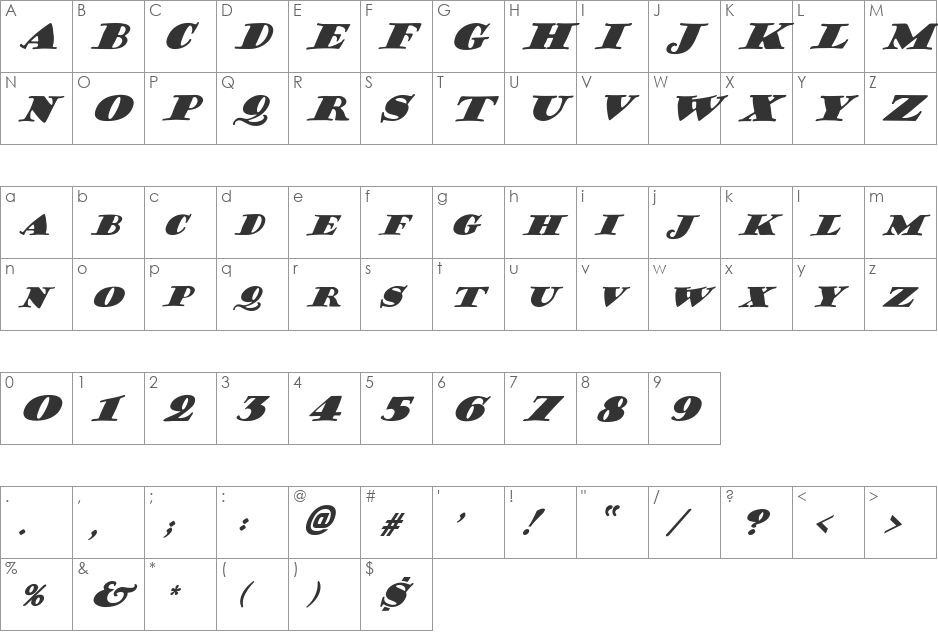 FZ JAZZY 38 ITALIC font character map preview