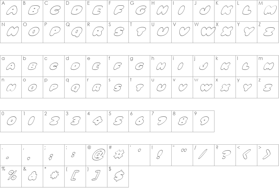 FZ JAZZY 59 HOLLOW ITALIC font character map preview