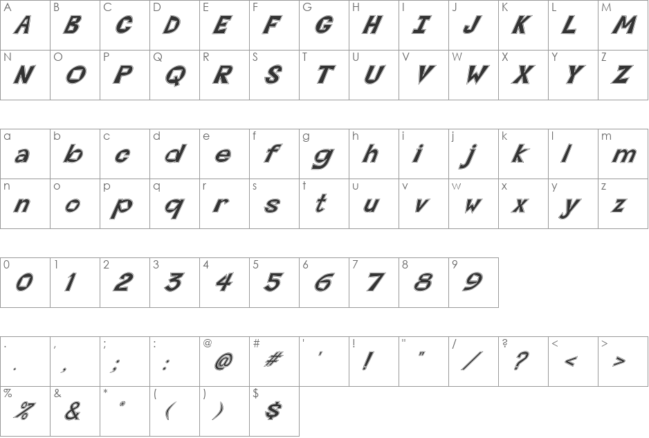 FZ JAZZY 7 CONTOUR ITALIC font character map preview