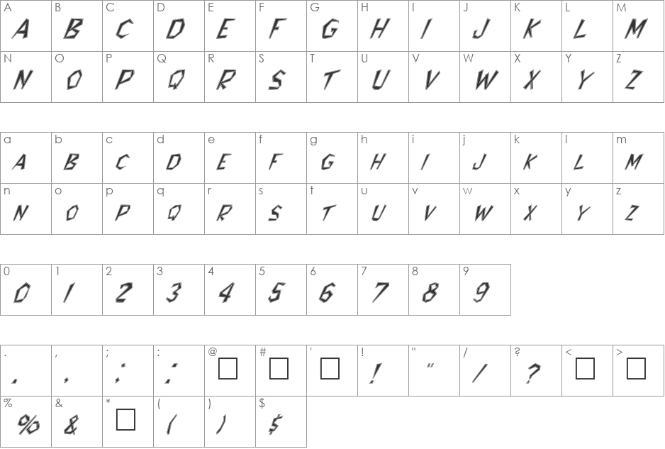 FZ JAZZY 8 CONTOUR ITALIC font character map preview