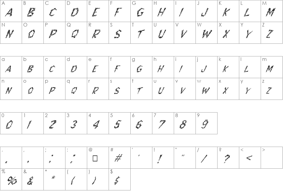 FZ JAZZY 8 CRACKED ITALIC font character map preview
