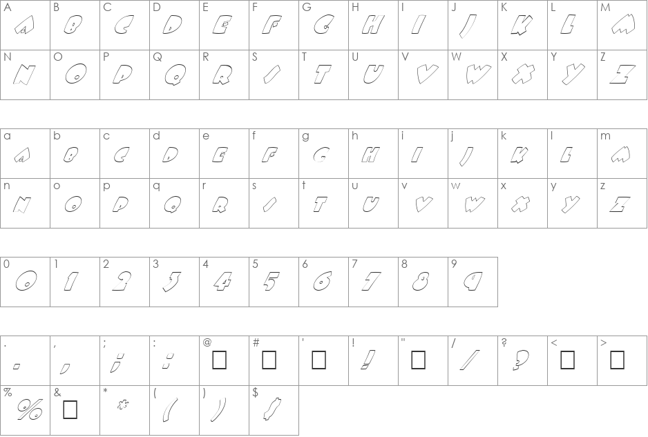 FZ JAZZY 9 HOLLOW ITALIC font character map preview