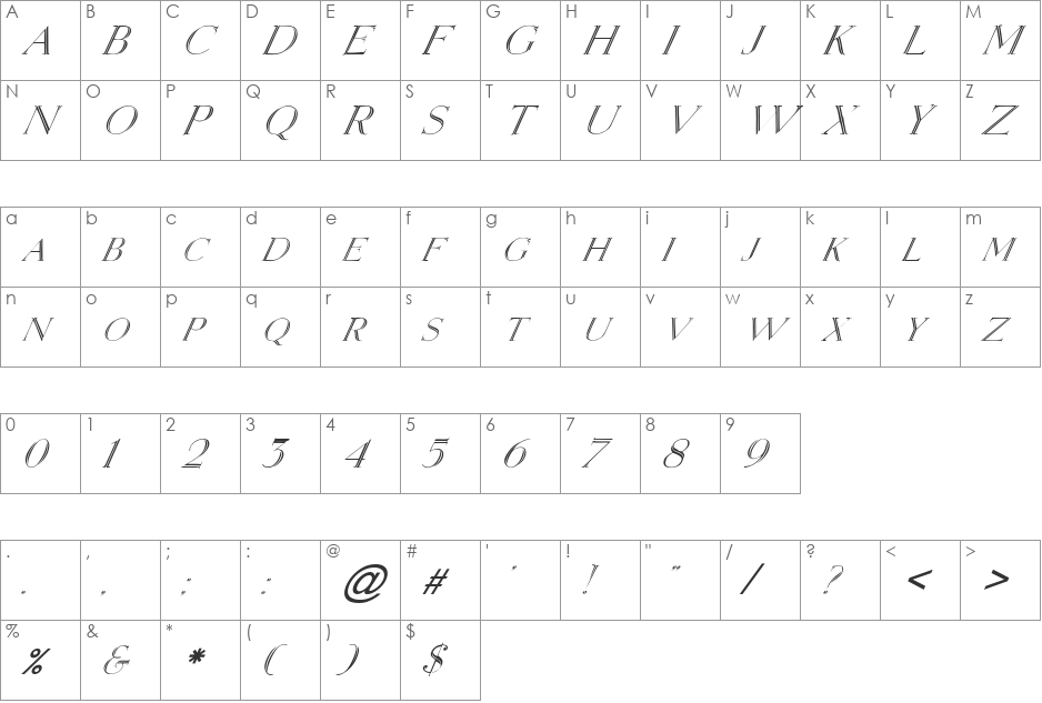 FZ OUTLINE 2 ITALIC font character map preview