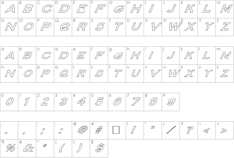 FZ ROMAN 14 HOLLOW ITALIC font character map preview