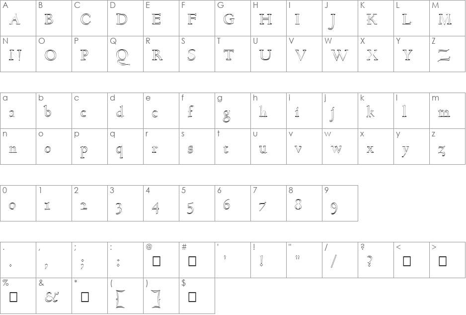 FZ ROMAN 17 HOLLOW font character map preview